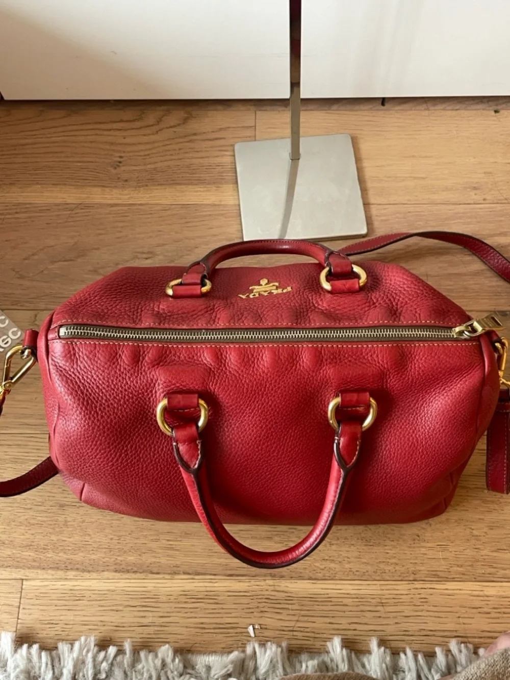 Prada Red Pebbled Leather Shoulder Bag with Gold Hardware - Picture 10 of 16